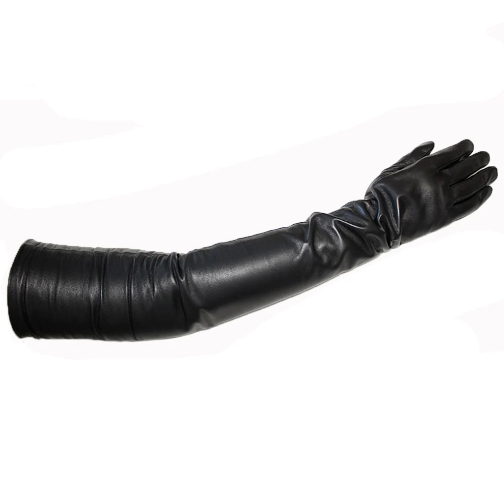 Guantes superlargos de cuero para mujer, manoplas de piel de oveja importada negra, a la moda, de visón de alta calidad, para pantalla táctil, novedad