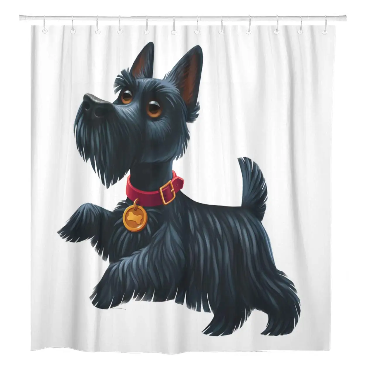 Animals Black Scottish Terrier Breed Dog Red Collar Digital Shower Curtain Waterproof Polyester Fabric 72 x 78 Inches Set