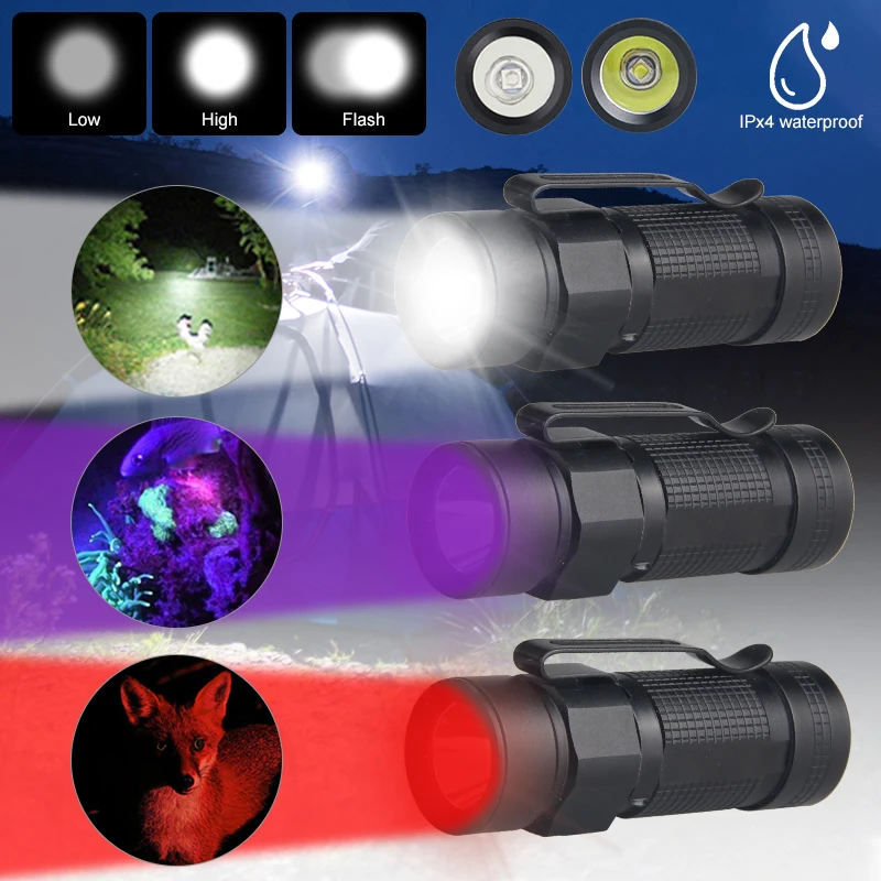 Mini LED White/Red Light UV Flashlight CLIP EDC Portable Hiking Tiny 3Modes Hunting Torch Waterproof Lamp+16340+USB Charger