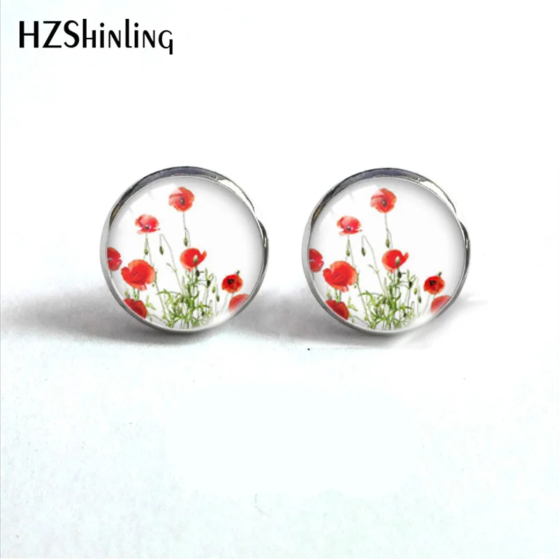 vintage Poppies Flower Pattern Round Glass Cabochon 12mm Stud Earrings Jewelry