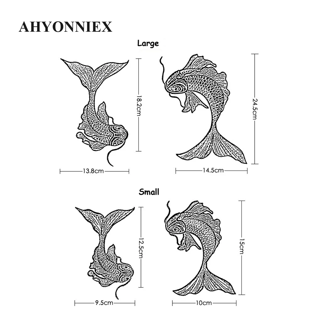 Ahyonniex-刺繍された魚のパッチ,大小,黒,金,赤,衣類のステッカーに縫う,アップリケ,diyアクセサリー