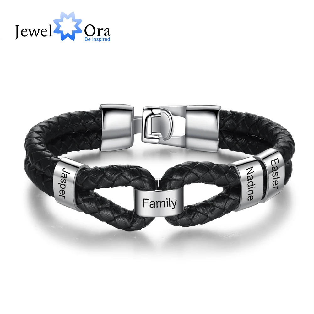 JewelOra Personalized Men Leather Bracelet with Custom Beads Stainless Steel Engraved Bracelets for Men Male Jewelry Gifts