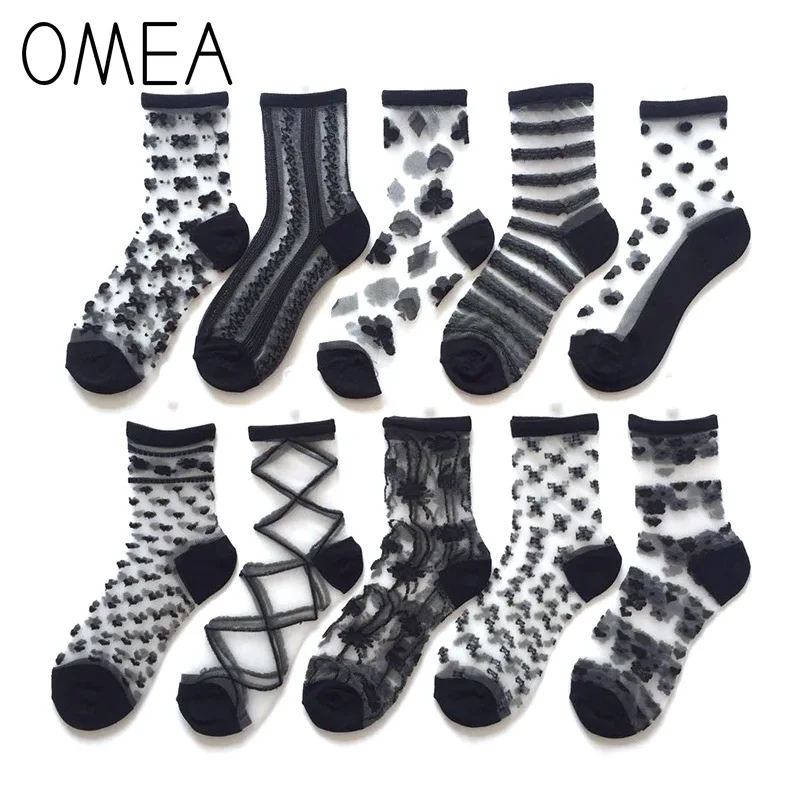 

OMEA Transparent Socks 5 Pairs Women Summer Glass Silk Socks Checkerboard Lace Socks Fishnet Breathable Harajuku Lolita Plaid