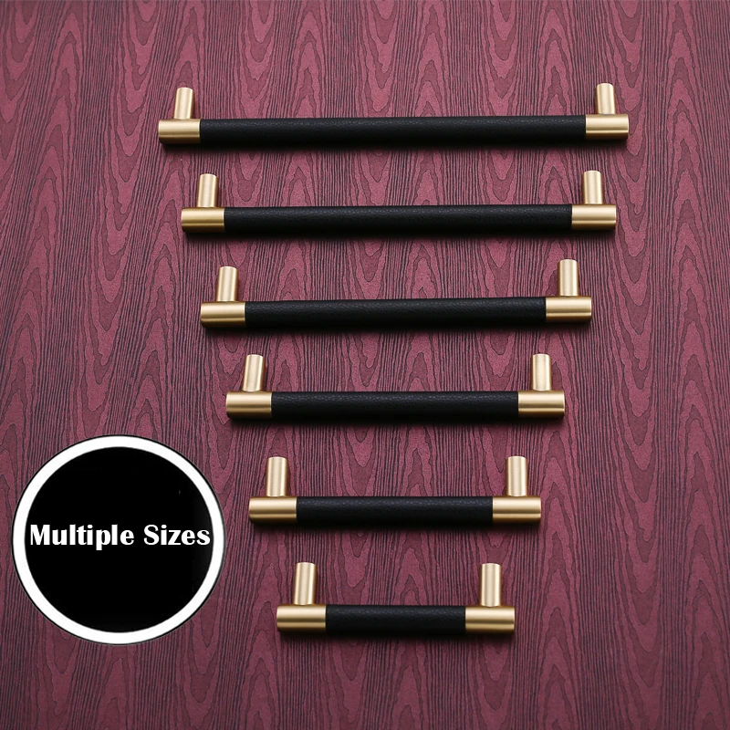 Leather & Brass cabinet knobs and handles drawer handle furniture decotation handles bathroom cupboard Knobs pull handle black