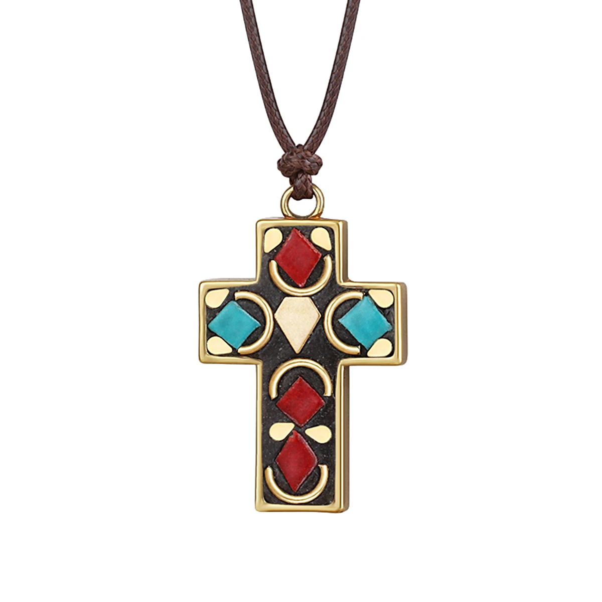 Religious Copper Pendant Cross Necklaces Inlay Nepal Beads Leather Chain Necklace Antique Lucky Jewelry for Women Men