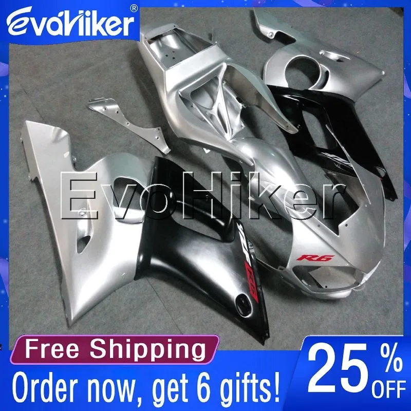 Custom motorfiets kuip voor YZF-R6 1998 1999 2000 2001 2002 motorfiets carrosserie kit zilver zwart + geschenken