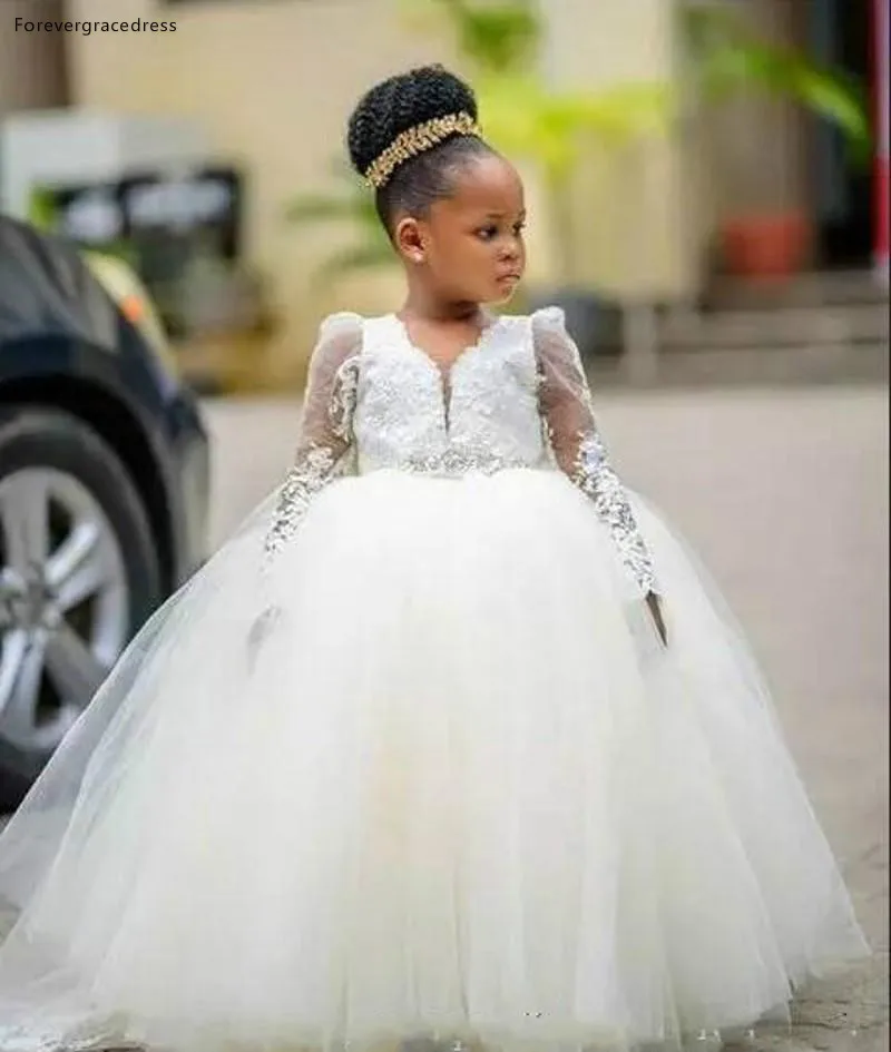 

Princess Pure White Flower Girl Dresses For Weddings Appliques Sheer Long Sleeve Little Girl Pageant Kids Party Gown