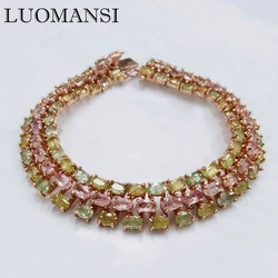 Luomansi Natural Pink Yellow Green Tourmaline Three Row Bracelet Woman 100%-S925 Sterling Silver Jewelry Anniversary Party Gift