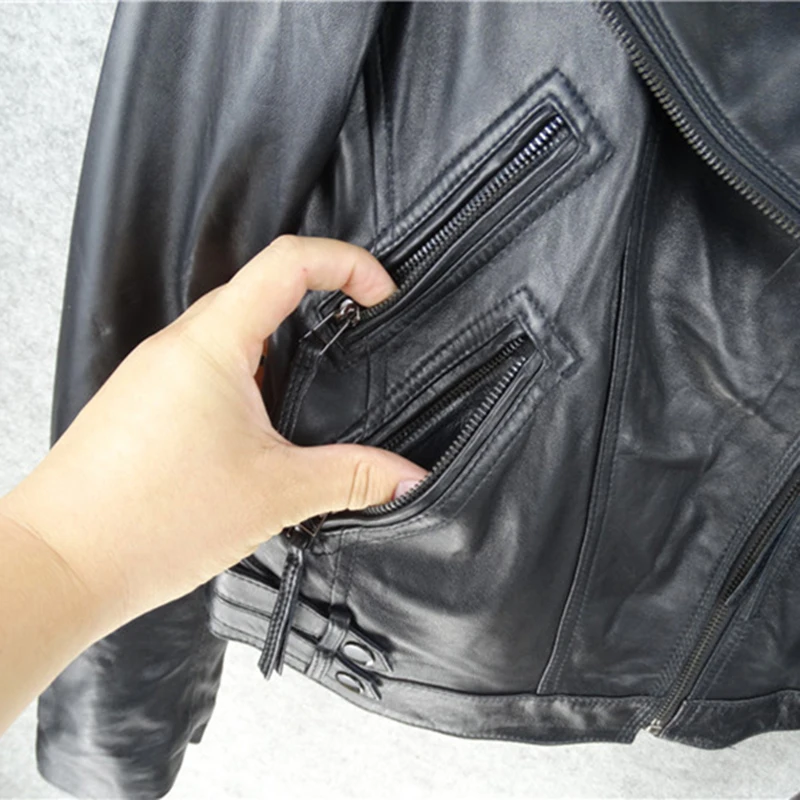 New Brand 2020 Luxury Genuine Jacket Women Black Fashion Slim Motorcycle Biker Sheepskin Real Leather Short Coats Female