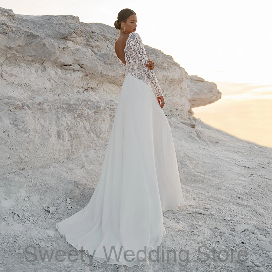 Nieuwe Bruid Jurken Sexy V-hals Lange Mouwen Bohemian Kant Bruidsjurken Backless Zomer Chiffon Mariage Boho Trouwjurk