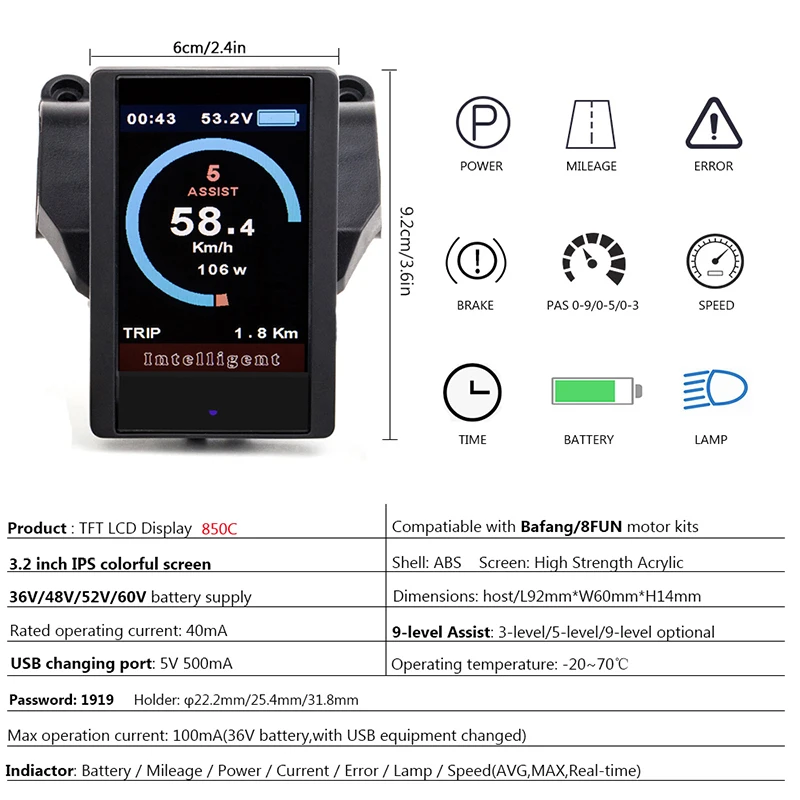 850C P850C LCD Electric Bicycle Color Display Instrument For To Bafang Mid BBS01B BBS02B Hub Motor 36V 48V 750W USB Ports