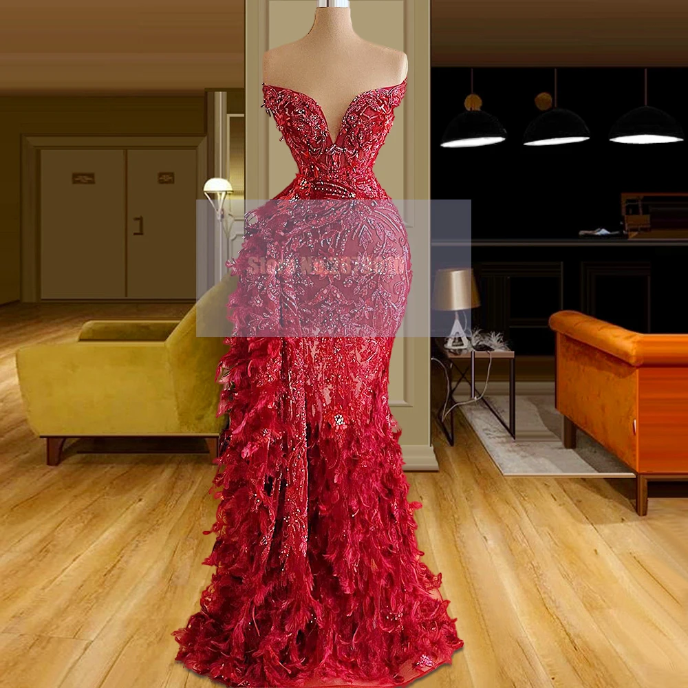 Junoesque Red Mermaid Evening Dresses Floor-Length Feathers Beaded Prom Dress Formal Dress 2020 Vestido de festa Celebrity Dress