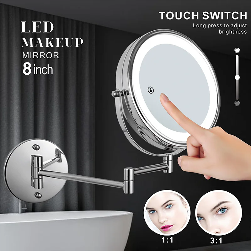 

8 inch Wall Mounted Makeup Mirror 3X / 5X Magnifying Double Side Folding Arm Extend Bathroom Smart Cosmetic Mirrors