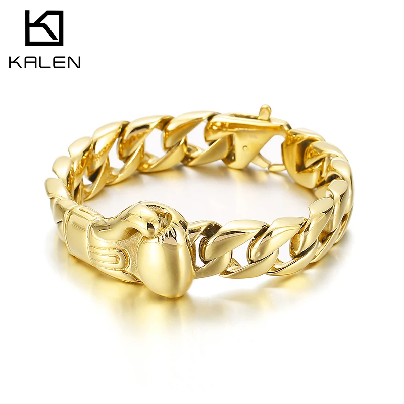 

Kalen Hip Hop Glamour Rock Men's Fist Bracelet Shiny Golden Stainless Steel Cuban Chain Party Jewelry Gift