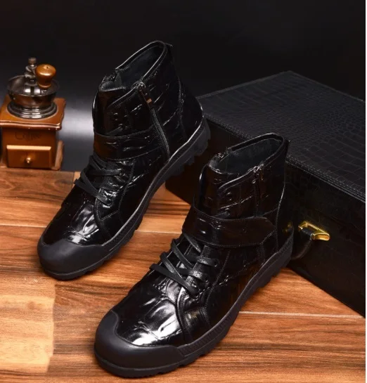 

European American men's Martin boots Winter new crocodile pattern men's high-top boots Genuine leather lace-up zip dress shoes