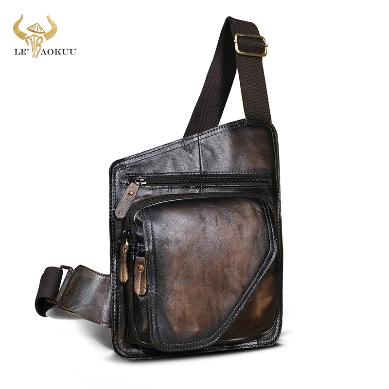 Male Vintage Coffee Genuine Leather Casual Designer Travel Small Crossbody Chest Bag Sling Daypack Shoulder Bag For Men b214