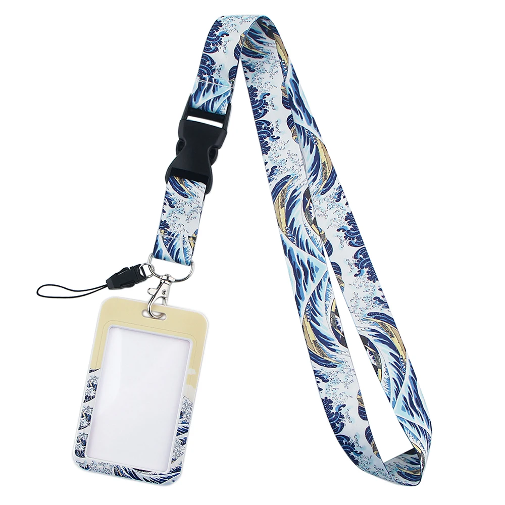 

YL27 Japanese Waves Art Key Lanyards ID Badge Holder Neck Strap Card Cover Key Chain Hang Rope Key Rings Friends Gifts