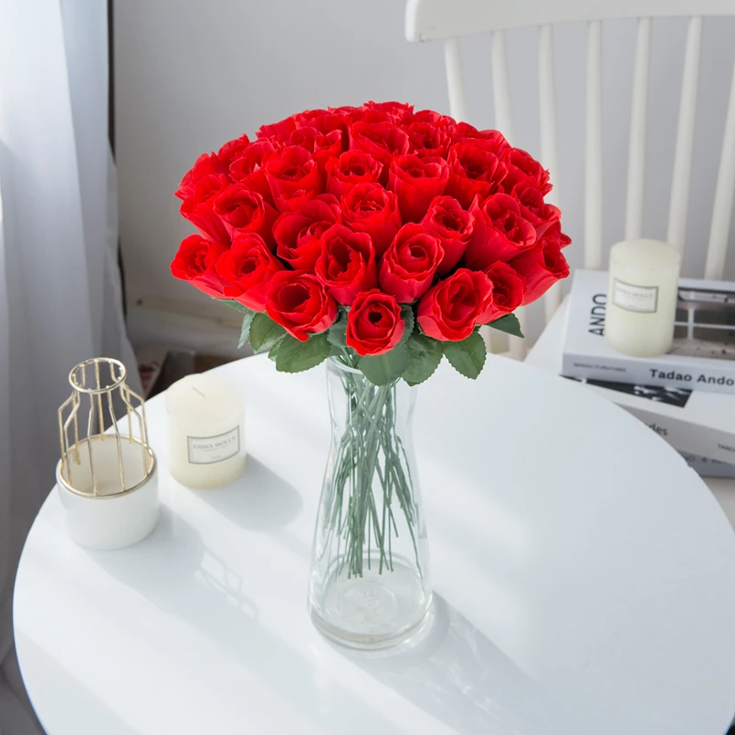 10 Stück rote Seidenrosen, Blumenstrauß, Vase, zur Dekoration von Wohnräumen, Gärten, für Feste, Hochzeiten, als Dekoration für Kränze, künstliche Pflanze, Großhandel, künstliche Blumen. – Detail 3