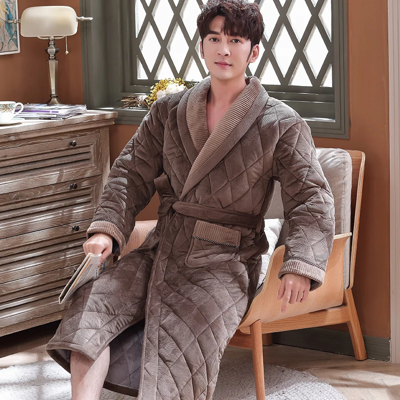 

Men's Winter Plush Quilted Lengthened Shawl Bathrobe Home Clothes Long Sleeved Robe Coat men robe thick pijamas hombre robes 3XL