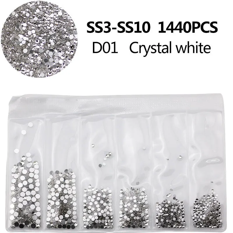 1080PCS Multi-Size Glass Rhinestone Flat Back SS3-SS10 Crystal Strass 3D Glamour Set DIY Manicure Nail Art Decoration