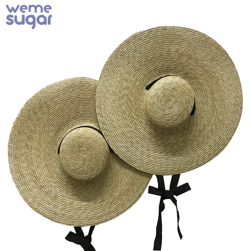 WeMe New Large Brim Wheat Straw Boater Hats For Women 12cm 15cm 18cm Brim Ribbon Bowknot Layies Beach Cap