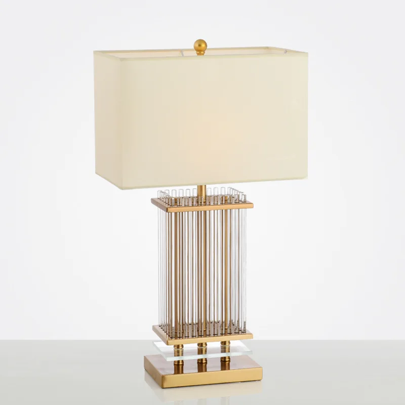 Nordic Luxury Iron Brushed Golden Rectangle Base with Clear Glass Bar Decoration White Fabric Shade E27 LED Bedside Table Lamp