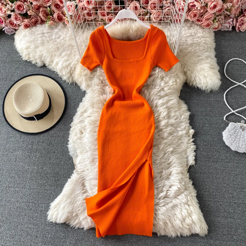 Knit Dress Summer Women Bodycon Sexy Dress 2024 Solid Square Collar Short-sleeve Knitting Stretch Split Midi Party Dress Vestido