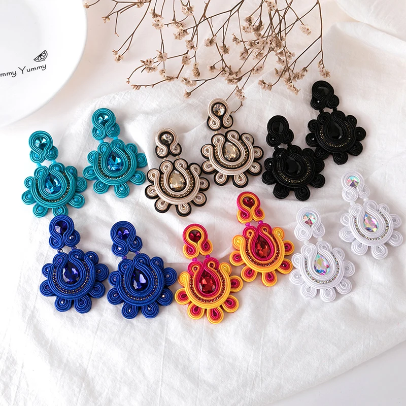 Ethnic jewelry Handmade Soutache Women's earrings Colorful crystal white brown blue Large Dangle earring trend Accessories gift