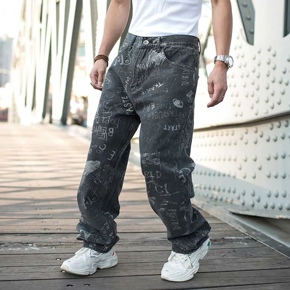 Hip-hop Graffiti Loose Baggy Skateboard Denim Men Casual Streetwear Dance Jeans Pants Straight Trousers Wide Leg Harem Clothing