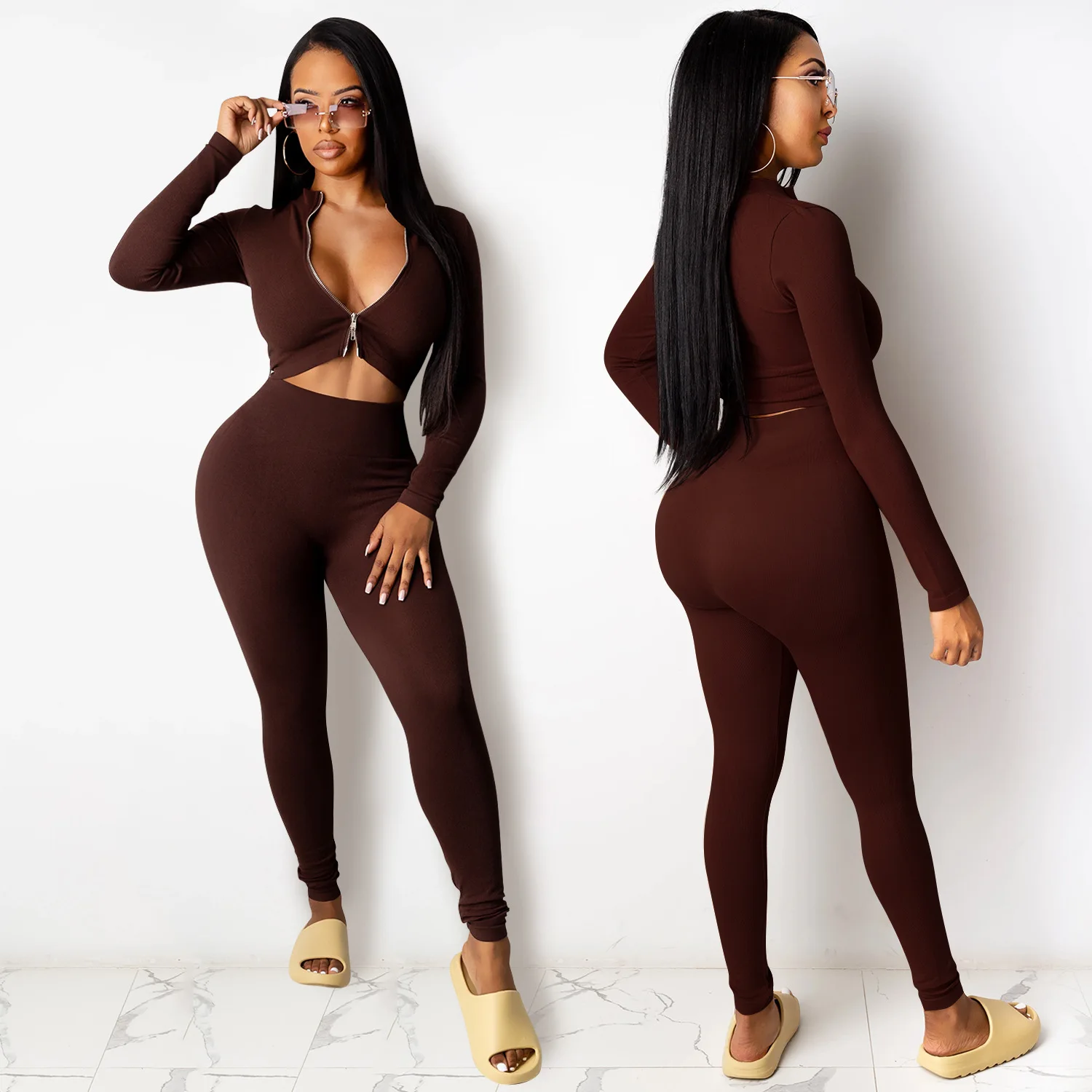 2021 Hot sale women clothing high stretchy zip up tops with leggings tracksuit two piece set casual blouse outfits streetwear