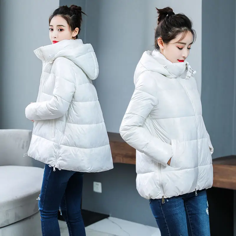 2019 Winter Jacket Women Short Glossy Down Jackets Cotton Padded Parkas Hooded Bright Shiny Warm Thick Parkas Female Coats