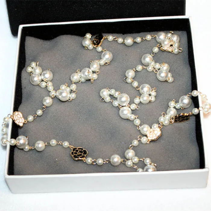 layered pearls beads flower long pendant sweater necklace for women