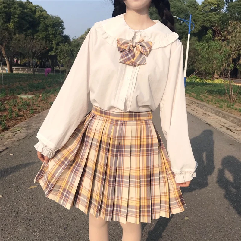 Camisa de cuello de muñeca japonesa, Falda plisada a cuadros, busto, uniforme, traje femenino de otoño