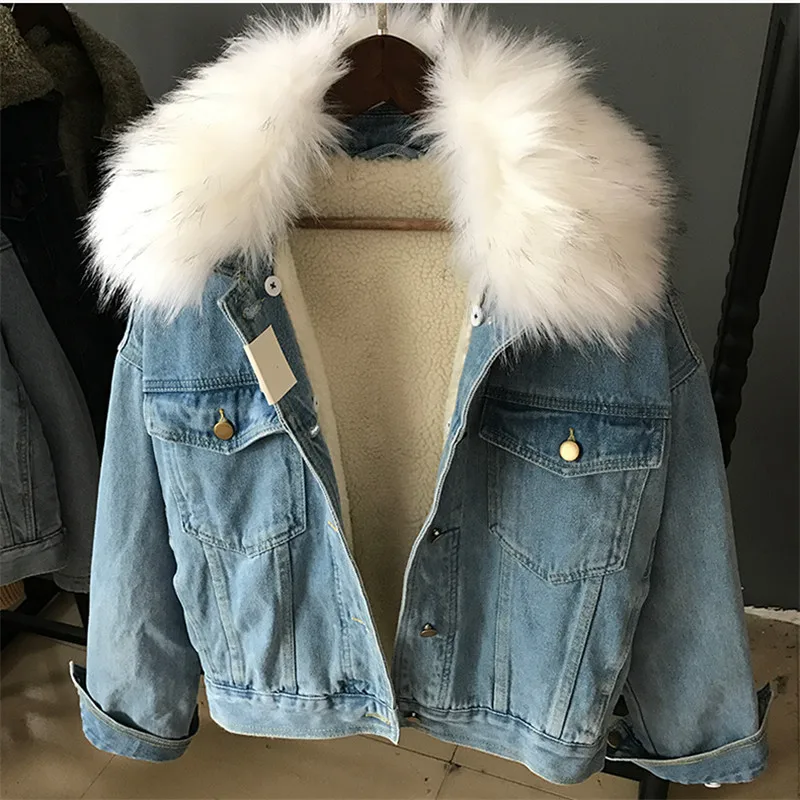 Korean Winter Removable Big Fur Collar Lamb Fur LinerDenim Jacket Women Loose Short Black Jeans Jacket Female Chaqueta Mujer