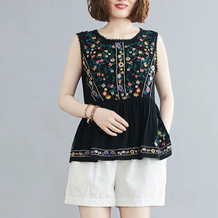 2021 Summer Vintage Floral Embroidery Cotton Blouse Women Tops Sleeveless Ruffle See Through Black Blouses Shirt Vetement Femme