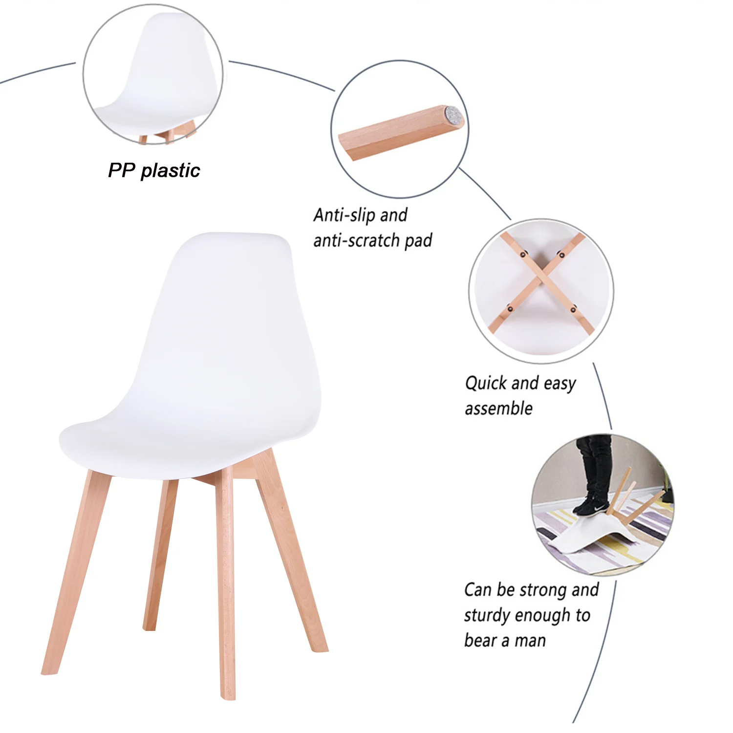 Egoonm Set mit 4 nordischen mittelalter lichen Esszimmers tühlen mit Massivholz beinen für Wohnzimmer Esszimmer Schlafzimmer Arbeits zimmer (weiß/schwarz/grau) – Detail 9