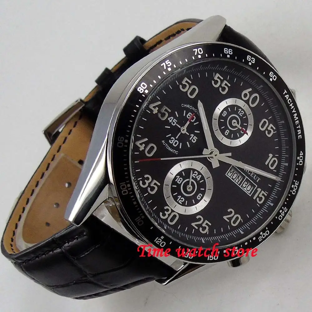 Corgeut 44mm Automatic Watch for Men Day Date Month Display Multifunction Black Dial Leather Strap Hangzhou 2350 Movement