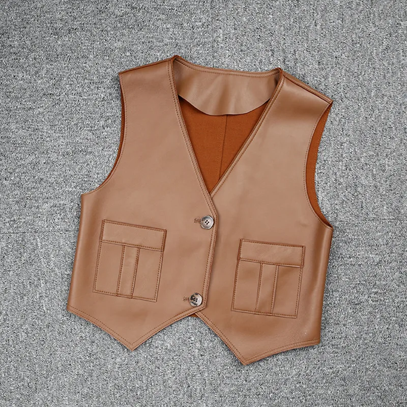 

2021 New Style Women's Casual Genuine Leather Vest With Pocket