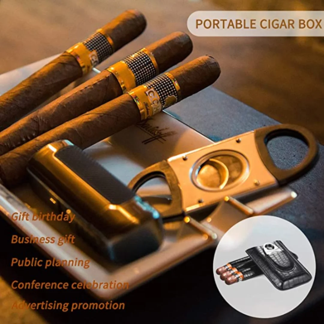 

Black Leather Cigar Travel Case, Holder for 3 Cigars with Cutter Set for Golf Cart or Travel(Random Tool Shape)