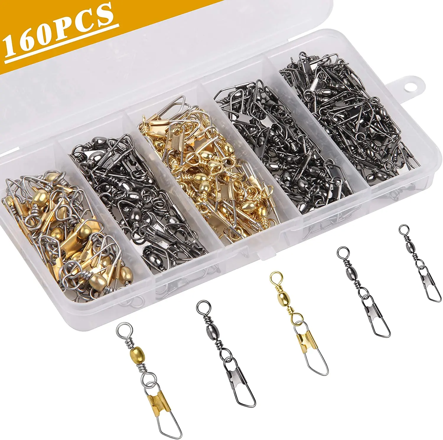 160pcs Barrel Fishing Swivel with Safety Snap Kit Barrel Snaps Swivel Fishing Tackle Line Connector High Strength Solid Rings