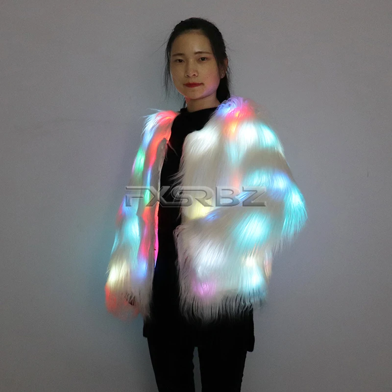 New LED Coat Women Faux Fur Light Up Costumes Christmas Jacket Shiny Overcoat Winter Warm Party Club Outwear