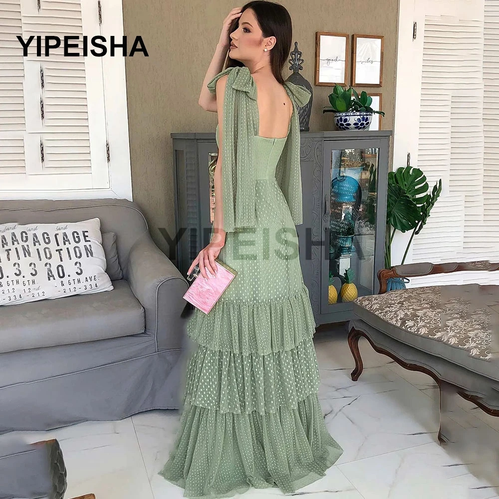 Customized Elegant Sage Green Dotted Tulle Prom Dresses 2021 A Line Bow Ties Shoulder Straps Layers Skirt Long Evening Gowns