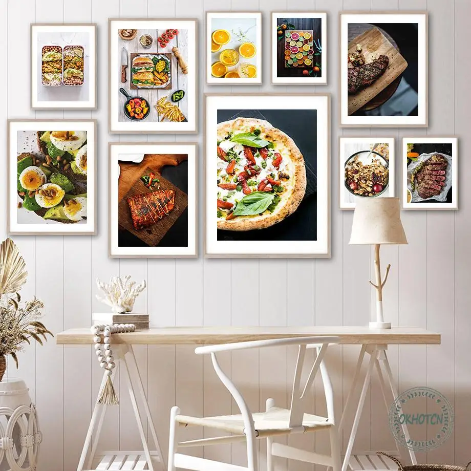 Steak Hamburger Pizza Tomato Egg Bento Yogurt Cereal Canvas Painting Nordic Food Posters and Prints Wall Art Picture for Kitchen