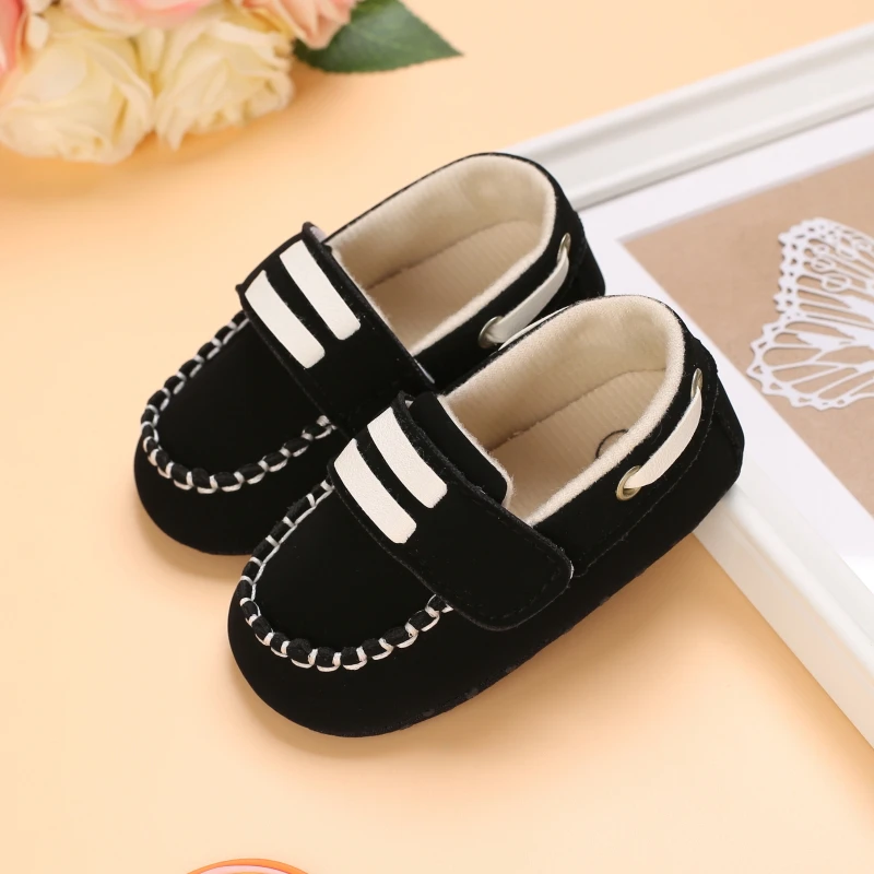 Babi Boys' Casual Shoes Leather Non slip Soft Sole Sports Shoes Newborn Girls' Retro Black Solid Color Crib Toddler Children's