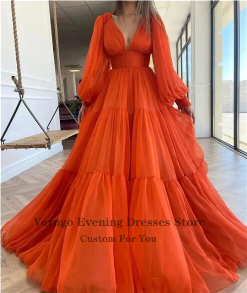 Verngo – robe de soirée ligne A en mousseline de soie, Orange vif, avec décolleté profond, manches bouffantes, robe de bal, pour occasions spéciales, nouvelle collection 2021