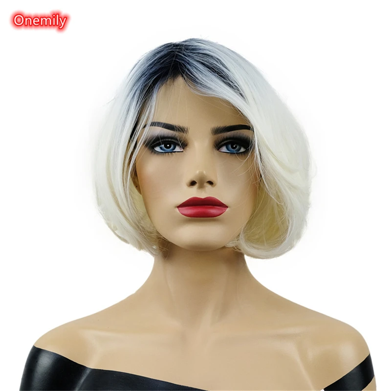 

Onemily Ombre Light Blonde Short Straight Bob Women Wig for Halloween Heat Resistant Synthetic Natural Wigs