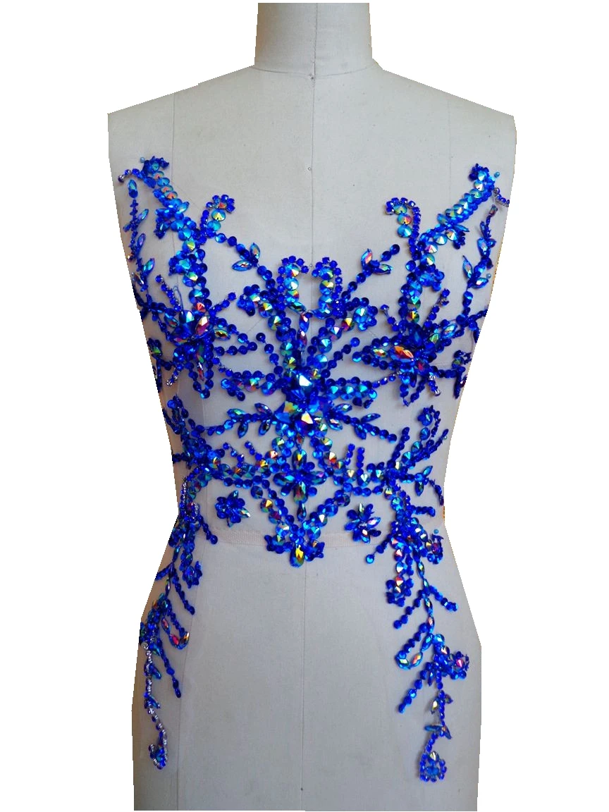 zbroh Pure hand made clear AB colour sew on Rhinestones applique crystals patches 49*31cm dress accessory