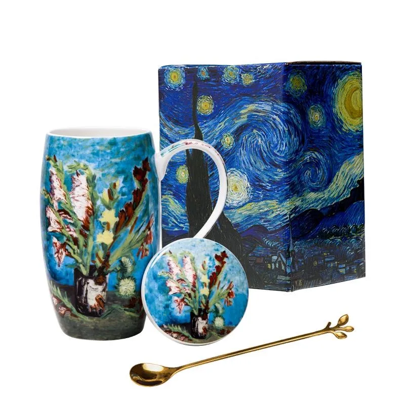 Large Capacity Van Gogh Painting Fine Bone China Coffee Mugs with Lid in Gift Box