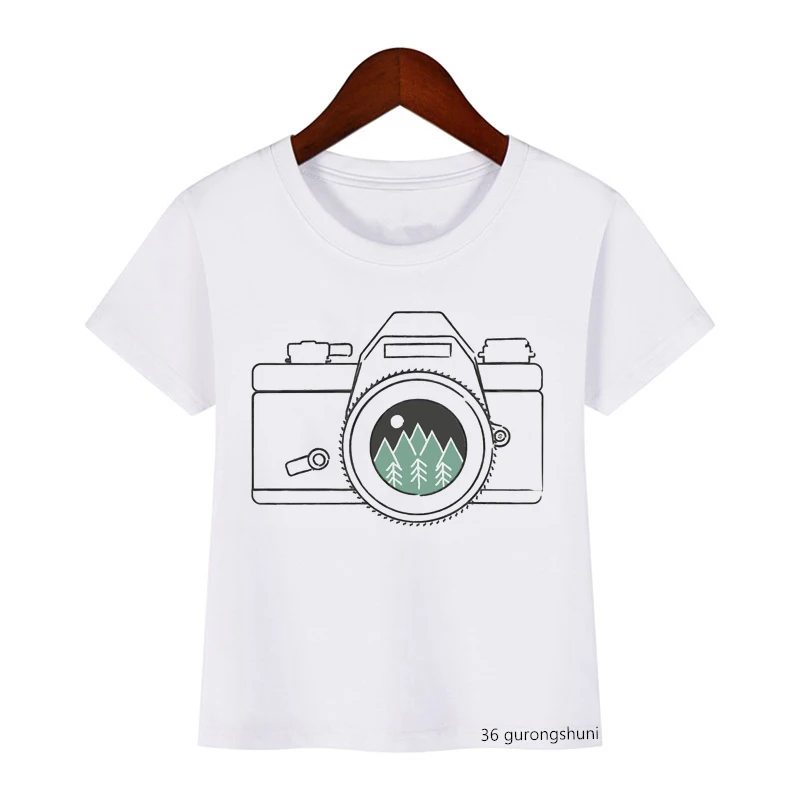 Vintage Watercolor Camera Print T-shirt Funny Kids Clothes Boys Girls Girls Kawaii Children Clothes White Short Sleeve T Shirt