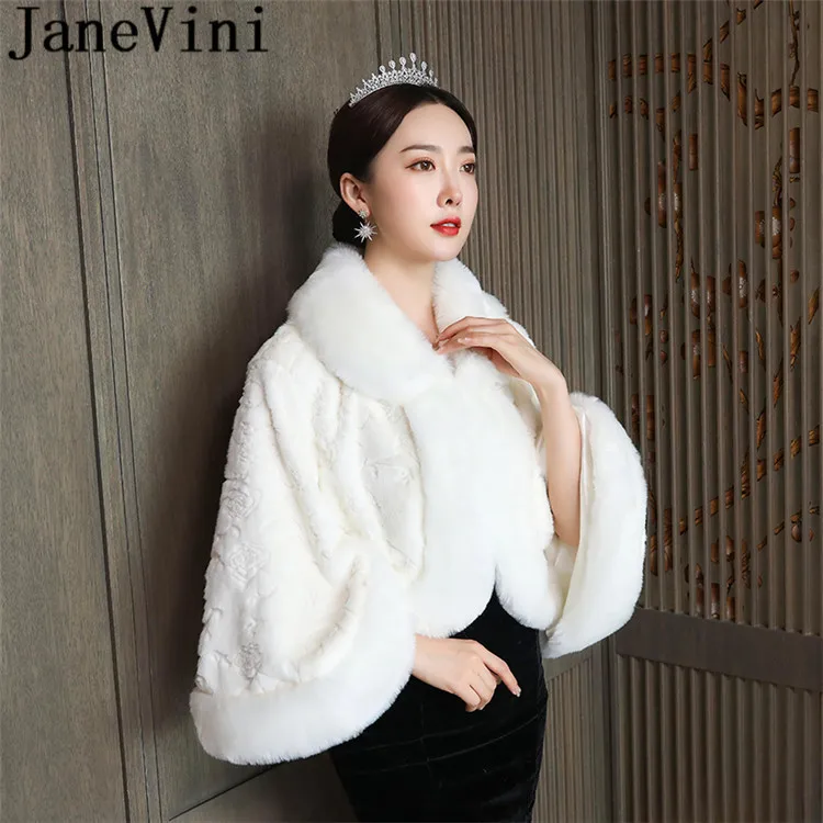 JaneVini Bride Fur Coat with Long Sleeves High Neck Faux Fur Wedding Bridal Top Wraps Capes Womens Jackets Winter Dress Boleros